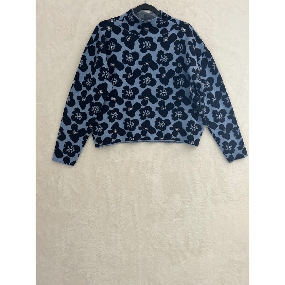 Floral Mock Neck Knit Sweater Blue Black Flower Pattern Pullover Relaxed Fit